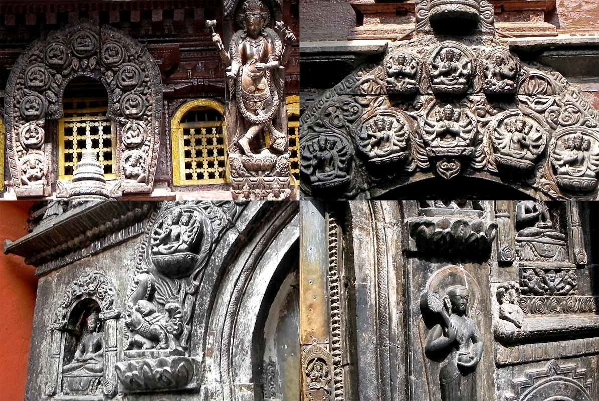 Kathmandu Patan Golden Temple 02 Statues and Carvings Above and To The Side Of The Entrance Door Towards Inner Courtyard 